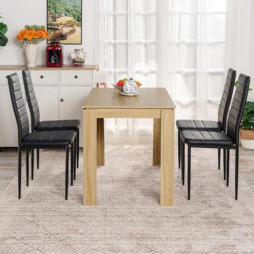 FURNITABLE Esstisch mit 4 Stühlen Esszimmergruppe, 4er Set Esszimmerstühle und Rechteckig Holztisch Essgruppe für Wohnzimmer Küche Büro (Eiche Tisch+4 Schwarz Stühle)