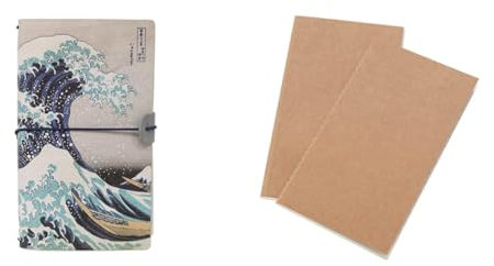 Grupo Erik Kokonote Reisetagebuch zum Selberschreiben Hokusai Bullet Journal Dotted Notizbuch + Ersatz Nachfüllpack Dotted Notebook 12x19,6 cm 40 Seiten liniert und 40 Seiten mit Punktraster