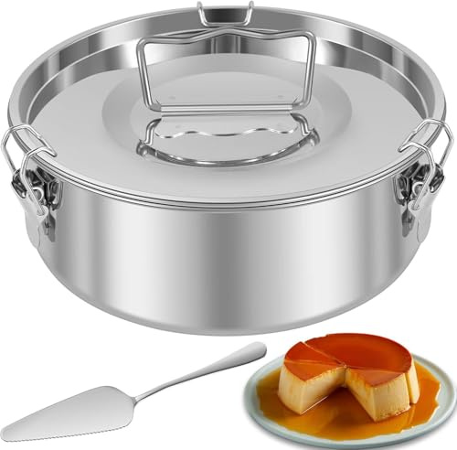 Flan Mold with Lid & Handle, 1.5Qt Stainless Steel Flan Pan Mold with Spatula, Large Capacity Para Flan Maker Container, Portable Round Cake Baking Flan Maker for 6-8QT Pot Making Cheese Cake Pudding
