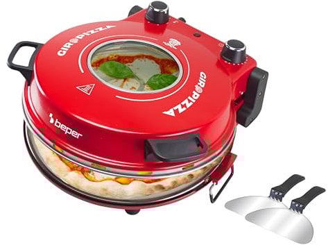 BEPER P101CUD301 Forno Elettrico per Pizza, 1200W, Temperatura 400°C, Piastra da 31 cm, Fornetto per pizza con Piastra Refrattaria Rimovibile, Oblò, Palette in acciaio, Rosso