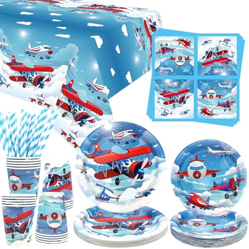 Airplane Party Tableware - Dinner Plates, Desserts Plates, Cups, Napkins, Tablecover, Straws for Plane Theme Party, Baby Shower Supplies - Serves 20 (20)