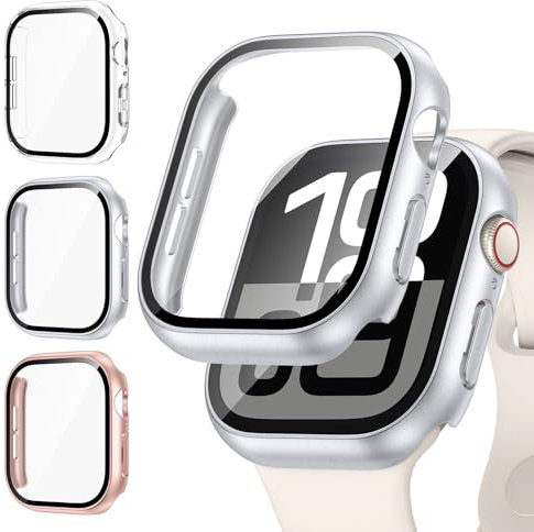 Kamita [3Pezzi] Custodia Compatibile con Apple Watch Serie 10 42mm, Duro PC Bumper Cover con Protezione Dello Schermo in Vetro Temperato, Protettiva Custodie per iWatch10 (Chiaro+Argento+Oro Rosa)
