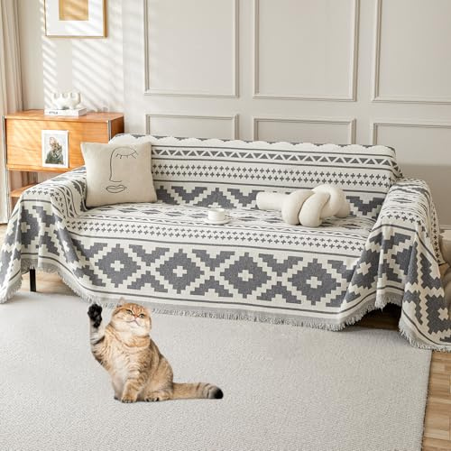 LiveGo Chenille AB Doppelseitiger Sofabezug für 3 Sitzer, Weicher rutschfester Schonbezug mit Quaste, waschbar für alle Jahreszeiten, Couchschutz für Hunde, Futon & L-förmige Sofabezug (Hellgrau, 180