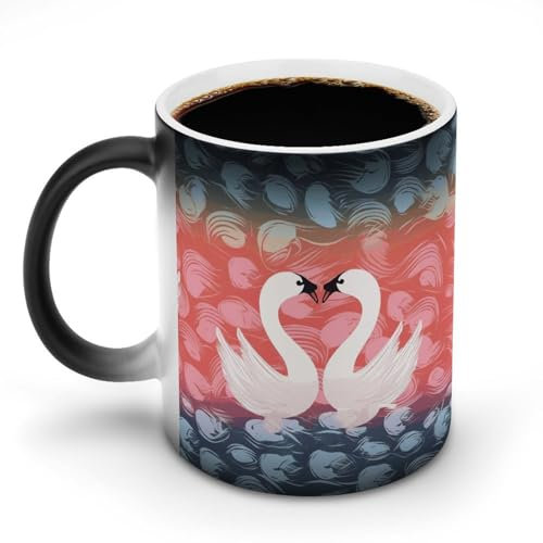 GFLFMXZW Keramik-Kaffeetasse mit Schwan und Herzform, Farbwechsel, Verfärbung, hitzeempfindliche Tasse, lustige Kaffeetassen, magische Teetasse, Geschenk für Geburtstag, Männer und Frauen