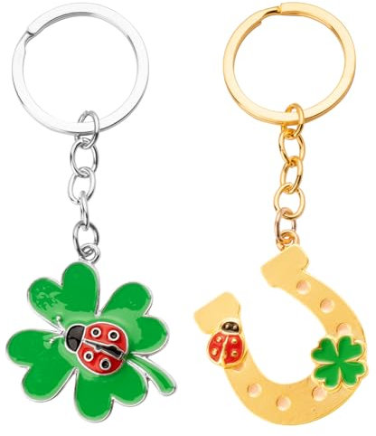 2pcs Porte-Clé de Trèfle Quatre Feuilles Sabot de Cheval Keychain Motif Porte Bonheur Fortune Cadeau de Nouvel An pour Amis Famille
