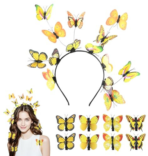 Ensembles de Accessoires Cheveux Femme, Serre Tete Papillon et 8 Pince Cheveux Papillon, Exquis Serre Tête avec Pince Cheveux Papillon pour Printemps Carnaval Accessoires de Style (Jaune, 12cm)