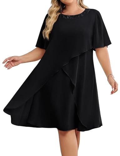 Hanna Nikole Retro Kleider Damen Festlich GroßE GrößEn Chiffon Abendkleider Mit Pailletten Rundhalsausschnitt Elegant Hochzeitsgäste Cocktailkleid Festlich Midikleid FüR Die Brautmutter