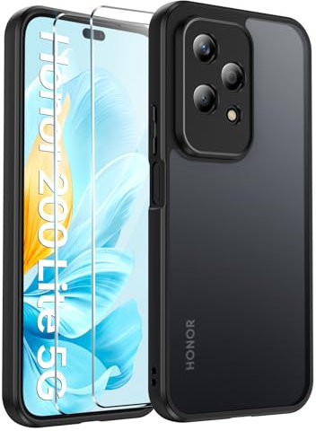 FLLAO Opaca Cover Compatibile con Honor 200 Lite 5G con 2 Vetro Temperato, [Della Fotocamera Protezione] Anticaduta Antiurto Anti-Graffio Anti-Impronte Hard PC Glassata Custodia Nero
