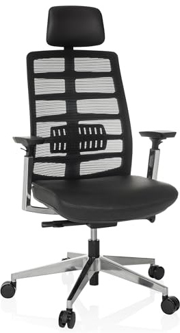 hjh OFFICE Bürostuhl ergonomisch SPINIO Elite L Chefsessel Leder, Kopfstütze und Lordosenstütze verstellbar, Drehstuhl mit Netzrücken, Schwarz