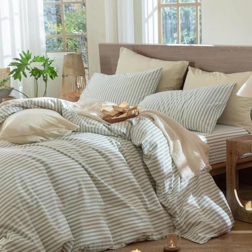 Lanqinglv Bettwäsche 135x200 Baumwolle Gestreift Grün Weiß,100% Renforce Baumwolle Bettwäsche Set mit Reißverschluss,ÖKO-TEX Bettwäsche für Allergiker Geeignet,1 Bettbezug & 1 Kissenbezug 80x80 cm
