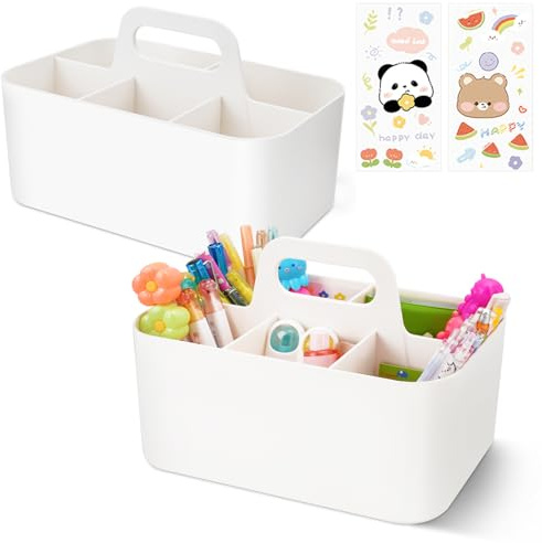 2PCS Kunststoff Korb Organizer mit Griff, Schreibtisch Organizer Weiß mit 5 Fächern, Stapelbar Aufbewahrungsbox, Aufbewahrung für Bürobedarf Badezimmer Küche