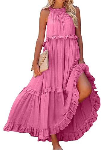 Générique Robe De Plage Femme Mariage Été Robe Plage Chemise Courte Col Rond Vetement Femme Ete Fluide Boheme sans Manches Summer Dress Et Ventes Flash Rose S