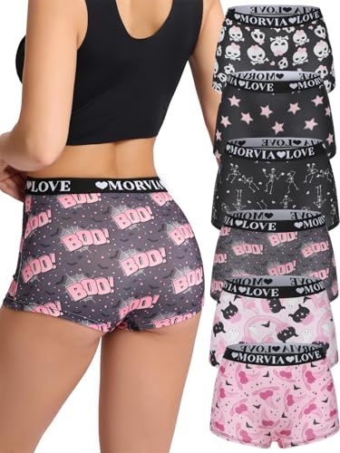 Morvia 6 Pack Gothic Halloween Print Boyshorts, High Waist Variety Underwear with Elastic Band, Skull Rose Stars Pattern