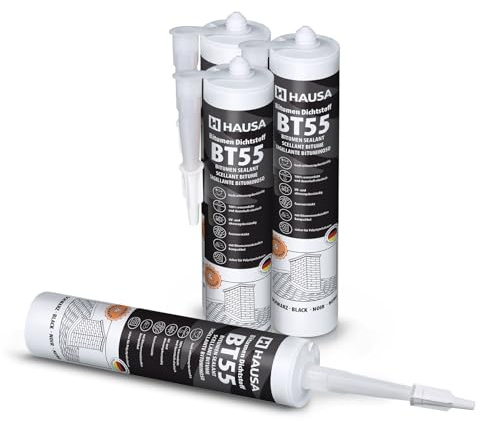 Hausa Bitumen Dach Dichtstoff BT55 – faserverstärkter Bitumen-Dichtstoff für Dach & Blech – wasserfest, UV-beständig & dauerhaft plastisch – 1200 ml Kartusche – ideal für Dachreparaturen