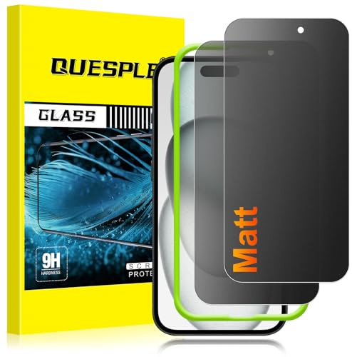 QUESPLE [2 Stück] Matt Panzerglas Sichtschutz für iPhone 15, 28° Anti Spähen Blendschutz Matte Schutzfolie, Anti-Fingerabdruck, Anti-Kratzen Gehärtetem Glas Displayschutzfolie