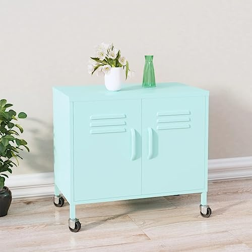 Owoxanthellate Stahlschrank Mintgrün 60x35x56 cm mit Rollen und Verstellbarer Ablage Robuster Metallschrank für Büro Keller Flur Balkon moderner Aufbewahrungsschrank mit Bremsen