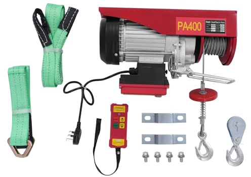 HeinaTond Electric Hoist with Wireless Remote Control Heavy Duty Winch 250-800kg Load Capacity Dual Slings & Hooks 12m Lifting Height IP40 Overhead Hoist Suitable for Garages, Warehouses (400KG)