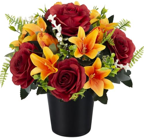 SIFOEL Künstliche Grabblumen für Gräber, Trauerblumen – künstliche Seidenrosen, Lilien und Tulpen im Topf zur Dekoration am Grab und im Außenbereich (1, Red & Orange)