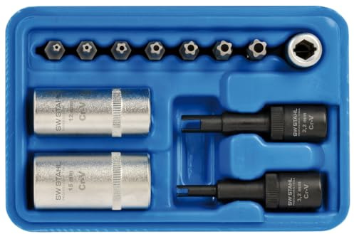 SW-Stahl 61719L Steckschlüsselsatz 1/4 Zoll - 12-tlg. Klimaanlagen Werkzeug | Nusskasten mit 8-kant Einsätzen - 2,2 & 3,2 mm Festdrossel Spezialnüsse - Stern Bits IP10-IP40 mit Bohrung - Bit-Adapter
