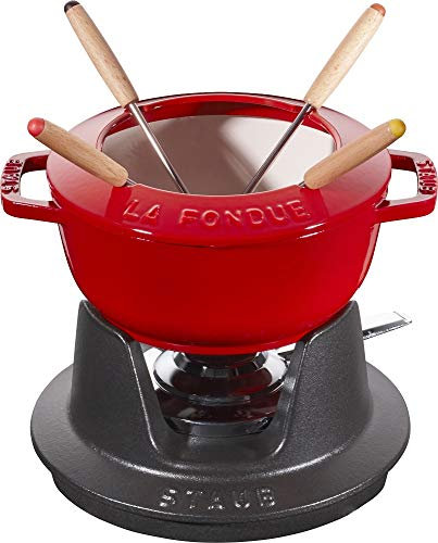 STAUB Set Fonduta con 4 Forchette, Adatto per Fonduta di Formaggio, Cioccolato e Carne, Ciliegia, 16 cm
