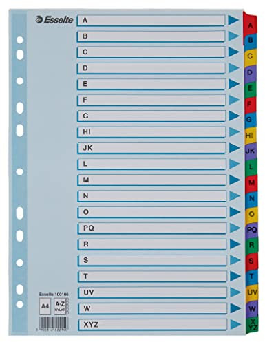 Esselte Register A4 A-Z, robuster Karton mit Mylar-verstärkten Reitern, blau/mehrfarbig