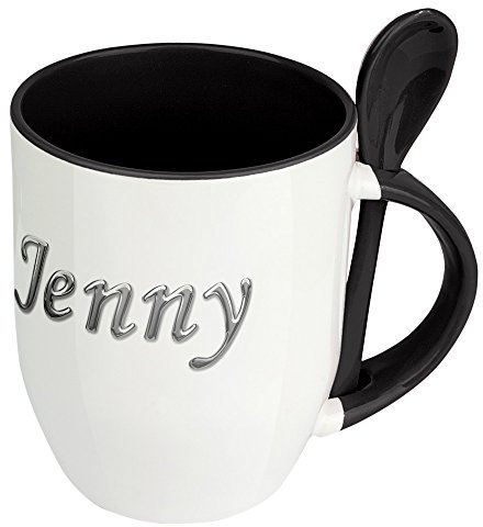 digital print Namenstasse Jenny - Löffel-Tasse mit Namens-Motiv Chrom-Schriftzug - Becher, Kaffeetasse, Kaffeebecher, Mug - Schwarz