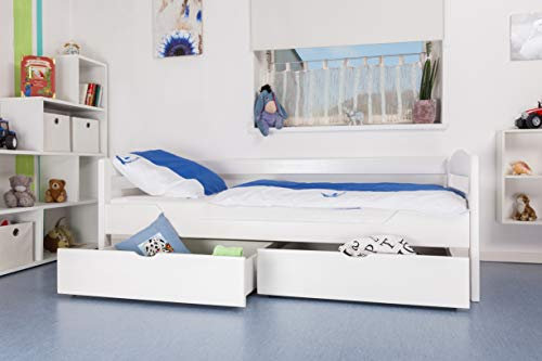 Kinderbett/Jugendbett Easy Premium Line K1/n/s inkl 2 Schubladen und 2 Abdeckblenden, 90 x 200 cm Buche Vollholz massiv weiß lackiert