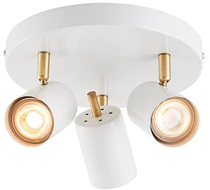 Quinn Adjustable 3-Way Spotlight – IP20 Rated Dimmable Ceiling Spot Lighting – Decorative Led Kitchen Light Fittings – Round Semi Flush Ceiling Spots – GU10 Matt White and Brushed Gold