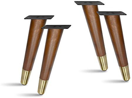 AKB Hardware 4 Stück schräge Möbelbeine aus Holz, Sofabeine, Bankbeine, Tischbeine mit Metallfüßen (20,3 cm hoch, antiker Messing-beschichteter Metallfuß)