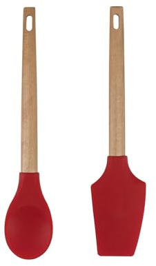 Bergner EXCALIBUR Juego de 2 utensilios de cocina - Cuchara y Espátula - de silicona y mango de madera en color Rojo