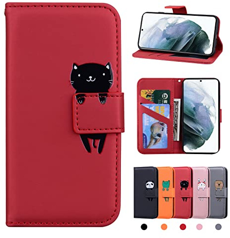 Rostsant Samsung Galaxy S22 Case Cute Animal Pattern PU Leather Wallet Folio Flip Cover Stand Magnetic Closure Phone Case Cover for Samsung Galaxy S22 - Red Cat