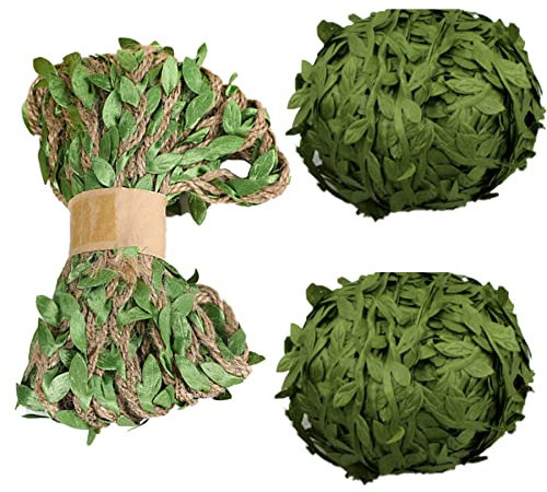 jenich 3 Rollen 50Meter Künstliche Reben Buchsgirlande Dekoschnur Geschenkband Blätter Girlande Efeugirlanden deko ranken Jute Schnur mit Blätter für Hochzeit Hause Garten Geschenkverpackung Wand