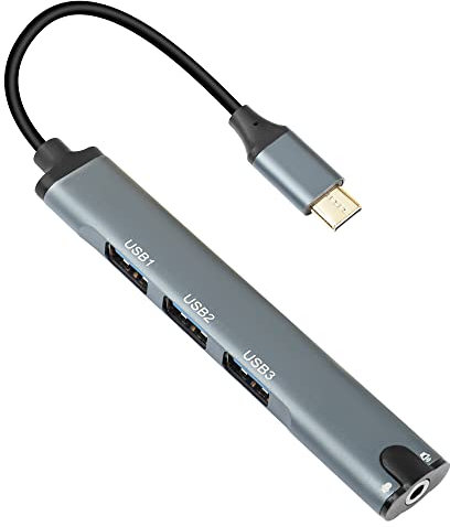 QIANRENON Active USB Hub,Tipo C a USB3.0 con Puerto de Audio de 3,5 mm, Adecuado para teléfonos móviles, tabletas, Unidades Flash USB, teclados, Ratones, Auriculares, micrófonos, etc.