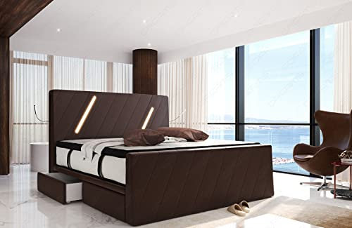 Sofa Dreams Boxspringbett Toulon Lederbett Gestell in Leder mit Hotelmatratze Stauraum LED Licht 140x200 160x200 180x200 200x200 200x220 (200 x 200 cm, Dunkelbraun)