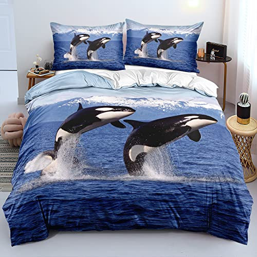 Luowei Bettwäsche 135x200 Fisch mit Kissenbezug, Kinder，Erwachsene, Wal, Meerestiere，Mikrofaser