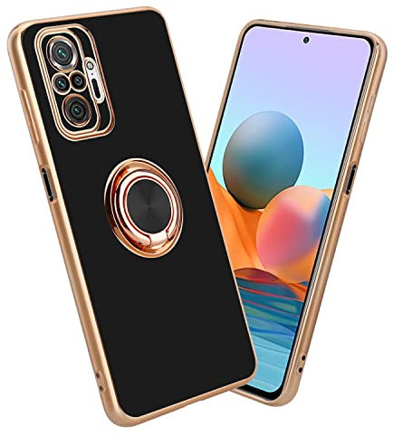 Cadorabo Estuche Compatible con Xiaomi RedMi Note 10 Pro en Glossy Negro - Oro con Anillo - Funda Protectora de Silicona TPU Flexible, protección de cámara, Soporte magnético para el Coche
