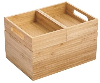 MSV - Vielseitige Aufbewahrungsbox mit 3 Stapelbaren Fächern ISALYS - Aufbewahrung aus Natürlichem Bambus für Kosmetik, Schmuck, Bürobedarf oder Zubehör - Beige
