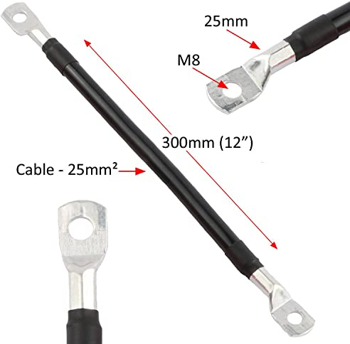 25mm² 170A Copper Battery Lead Power Strap Earth Bond Lead Cable M8 Positive/Negative
