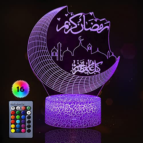 IWTBNOA Ramadan Dekoration LED DIY Lamp, Mubarak Ramadan LED Lampe, 3D 16 Farben Ramadan Mondlampe, Tischdekoration Mondlampe, Eid Dekorationen Mond für Zu Hause Ramadan Handwerk Dekoration