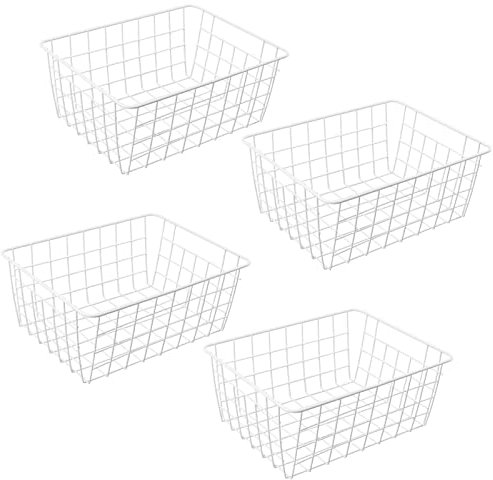 JEUIHAU 4 PCS White Wire Storage Basket, 28 x 22 x 12cm Metal Wire Basket with Handle Wire Basket Freezer for Kitchen, Pantry, Bathroom Storage and Organizer