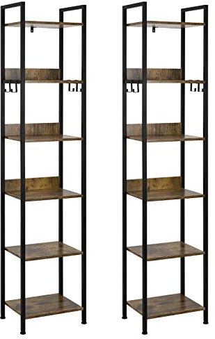 EUGAD Bücherregal mit 6 Ebenen, Standregal industriell, freistehendes Regal, Aufbewahrungsregal fürBüro Wohnzimmer Schlafzimmer Küche,mit 4 Haken, Schwarz +Vintage Holzoptik, 40x30x187cm