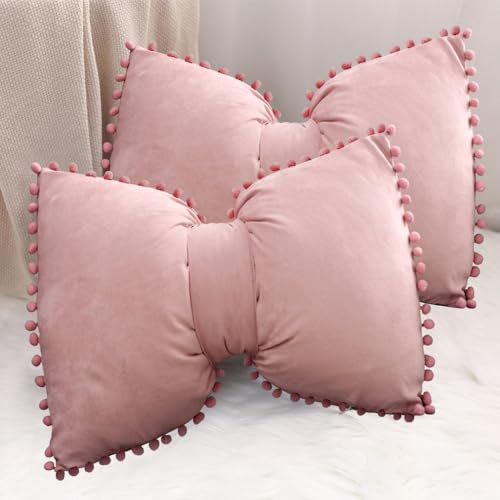 YDBDAT Dekorative Dekokissenbezüge mit Pompons, für Lendenwirbelsäule, Outdoor, Schleife, Samt, für Kokette, Zimmer, Bett, Sofa, Couch, 2 Stück, Altrosa, 35,6 x 50,8 cm
