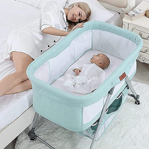JUNNIU Zusammenklappbares Nachtbett-Reisebett, Kinderbett mit höhenverstellbarem Aufbewahrungskorb, Laufstall mit Netzfenster und Reisetasche, Grün Decoration