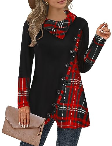 Cestyle Damen-Tunika, langärmelig, Wasserfallkragen, asymmetrischer Saum, fließendes Tunika-Top