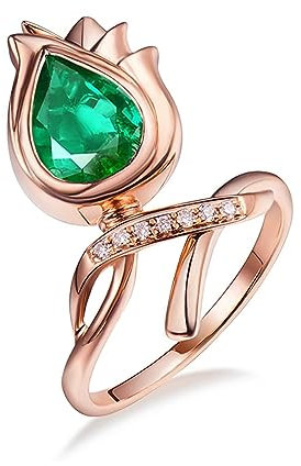 Verlobungsring Rosegold Damen, Engagement Ring Emerald 18 Karat Gold Birnenform Rose für Geburtstag Größe 54 (17.2)