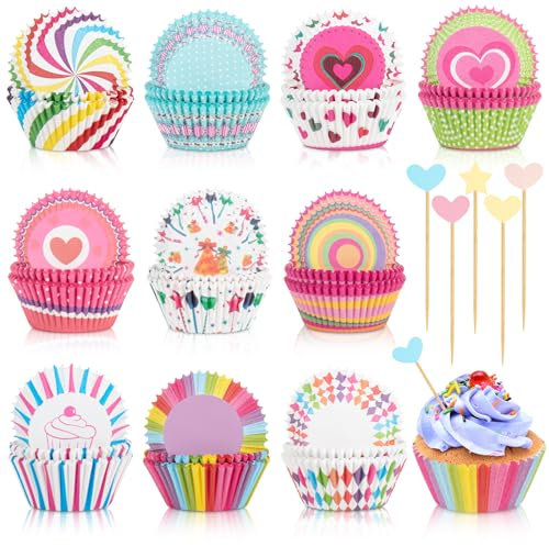 Onlyesh 500 Stück Muffinförmchen Papier und 50 Stück Bunte Herzen Cupcake Deko, Pralinenförmchen Papier, Muffins Papierförmchen, Muffinform Papier für Backen, Dessert, Party, Geburtstag, Hochzeit