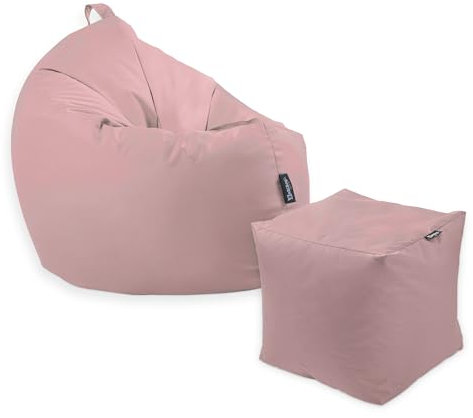 BuBiBag Premium 2-in-1 Sitzsack mit Füllung | für Kinder & Erwachsene | Outdoor & Indoor | Sitzkissen | Bodenkissen | Wasser- & schmutzabweisend + Sitzpouf 35x35x35cm (Puderrosa, 145 cm + Sitzspouf)