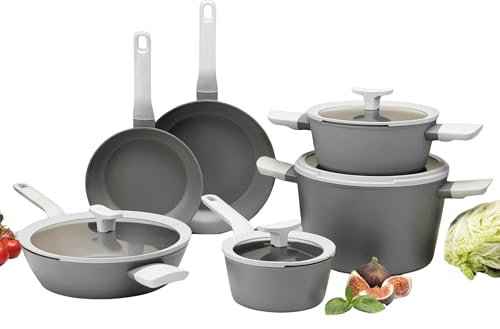 BergHOFF Leo 10Pc Non-stick Ceramic Cookware Set With Glass Lid, Cast Aluminum, Non-toxic, CeraGreen Nonstick Coating, Stay-cool Handle, Induction Pots and Pans, Grey