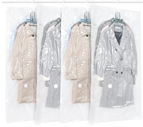 GQC Vakuum-Kompressionsbeutel Zum Aufhängen, Platzsparend, Transparent, Mit Haken, Für Anzüge, Mäntel, Jacken, 4 Stück 145 x 70cm