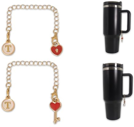HONGYIECO 2pcs Heart Shape Key Letter Charm Accessories for Stanley Cup, Name ID Letter Handle Charm for Stanley T, Gold